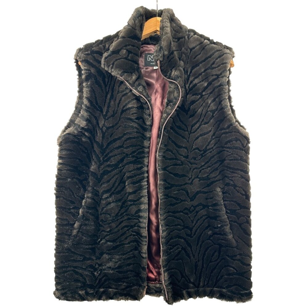 Nana Creations Womens Faux Fur Vest Sz M Brown Striped LongLine Pockets MobWife
